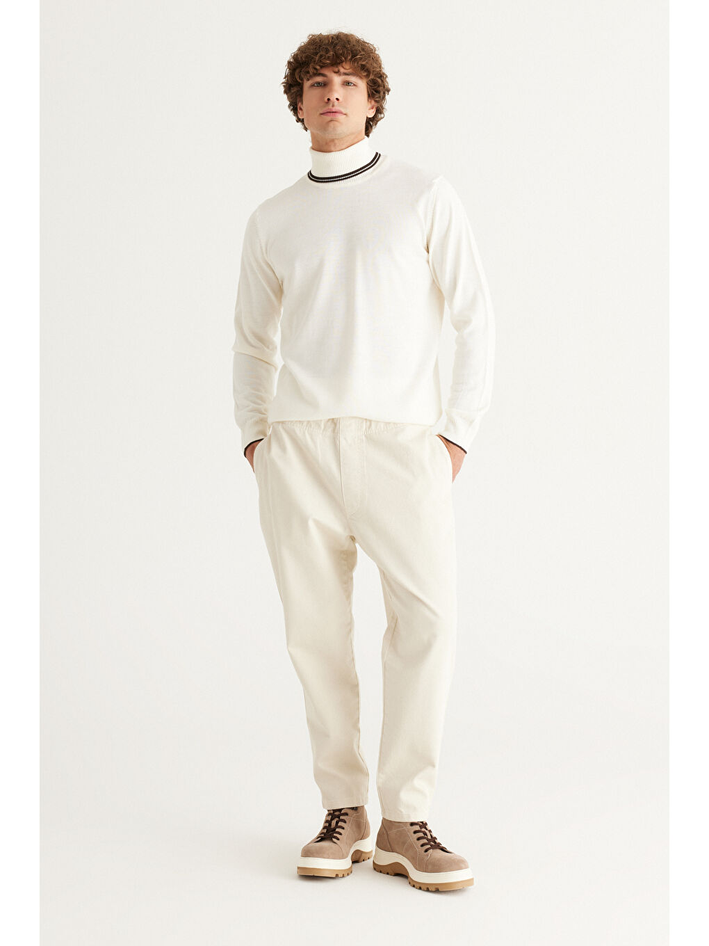 Erkek Ekru Slim Fit Dar Kesim Beli Bağlamalı %100 Pamuk Pantolon-3