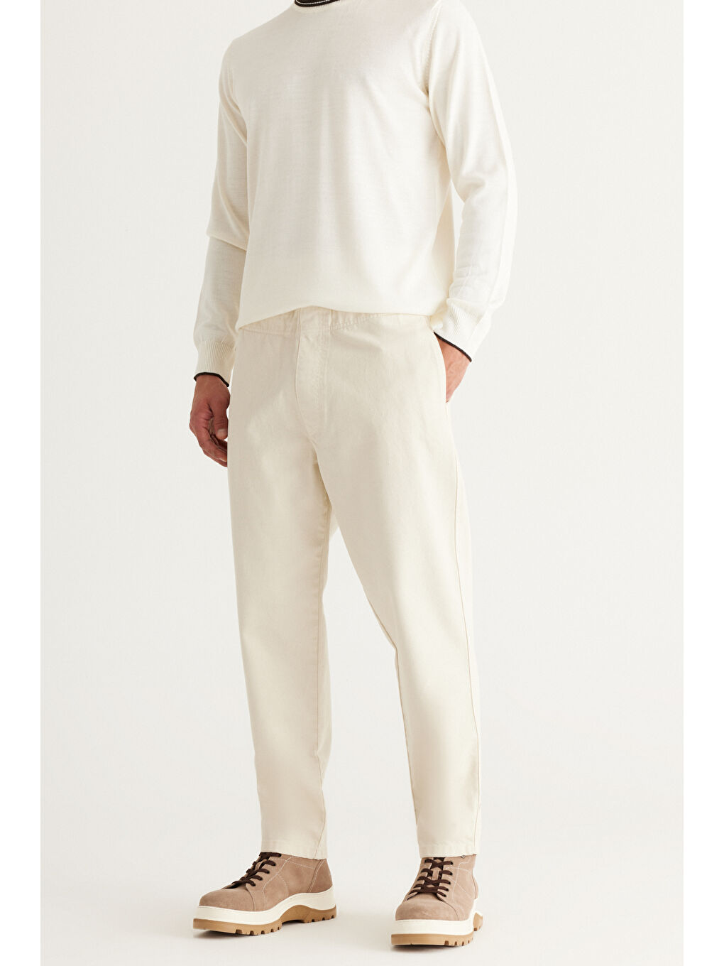 Erkek Ekru Slim Fit Dar Kesim Beli Bağlamalı %100 Pamuk Pantolon-5