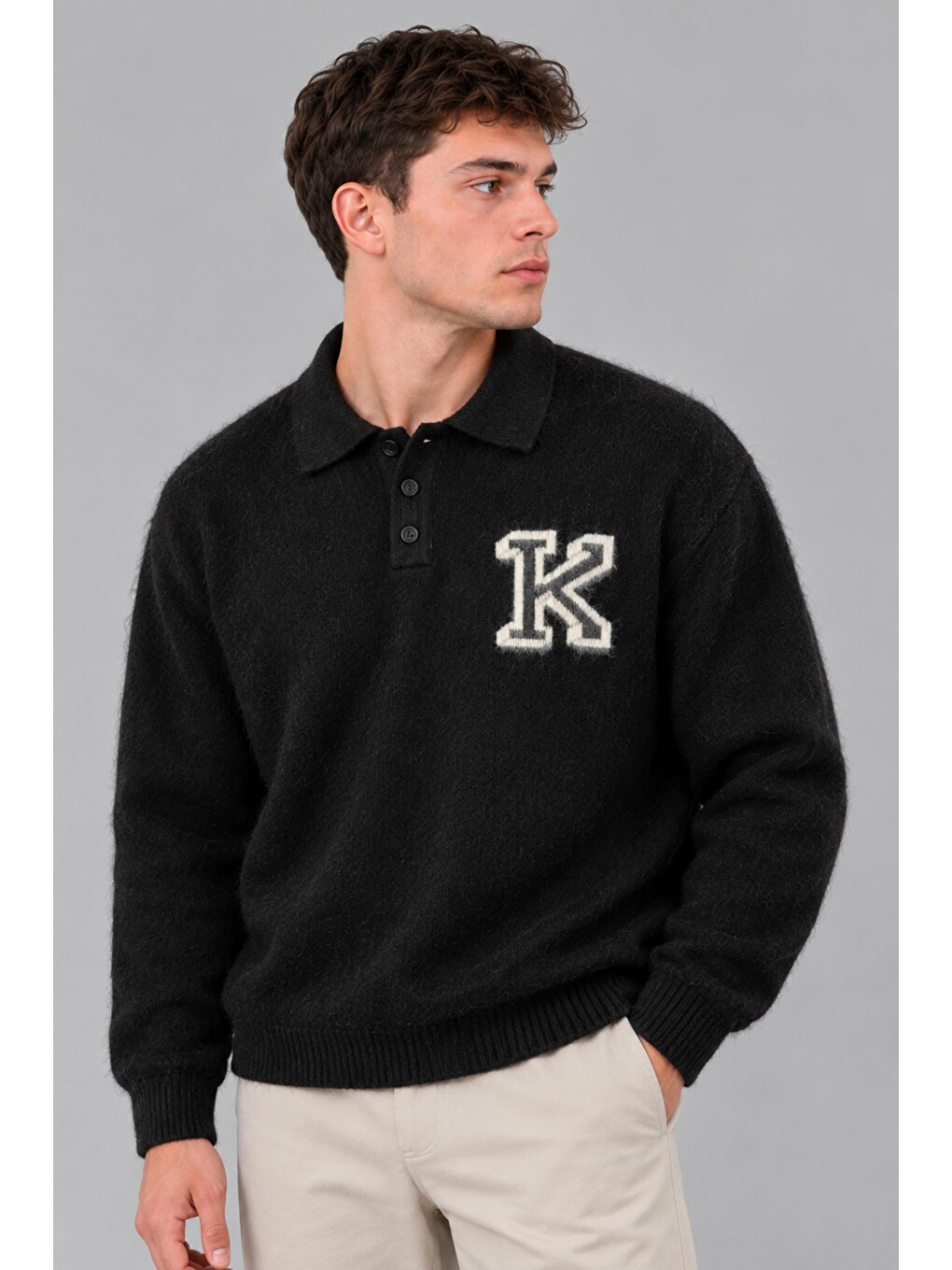 Siyah Baskılı Düğmeli Oversize Kışlık Kazak Dp 16622_10068-1