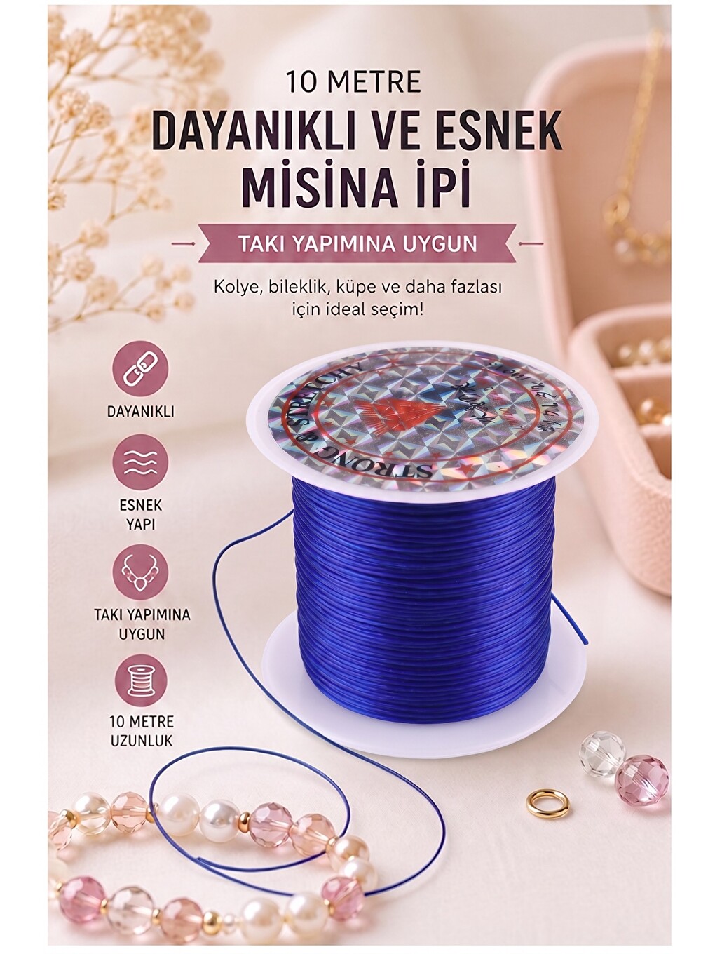 Misina İpi 0.5mm 10 Metre 1 Adet Esnek Boncuk Takı Dizme İpi Elastik İp Bileklik Aksesuar Lastiği Yu