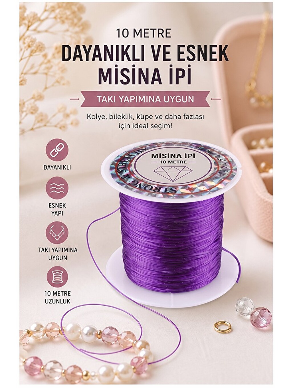Misina İpi 0.5mm 10 Metre 1 Adet Esnek Boncuk Takı Dizme İpi Elastik İp Bileklik Aksesuar Lastiği Yu