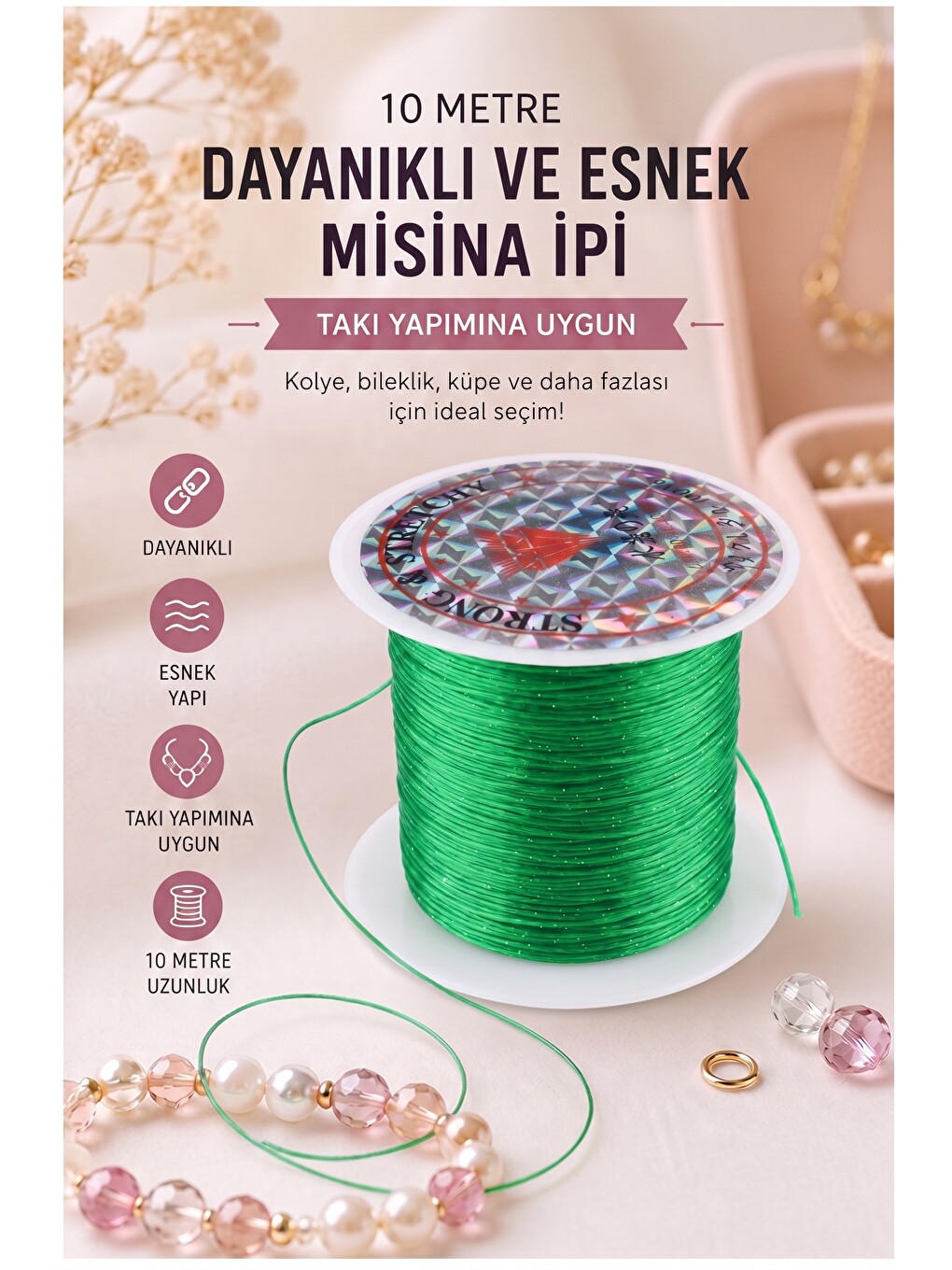 Misina İpi 0.5mm 10 Metre 1 Adet Esnek Boncuk Takı Dizme İpi Elastik İp Bileklik Aksesuar Lastiği Yu