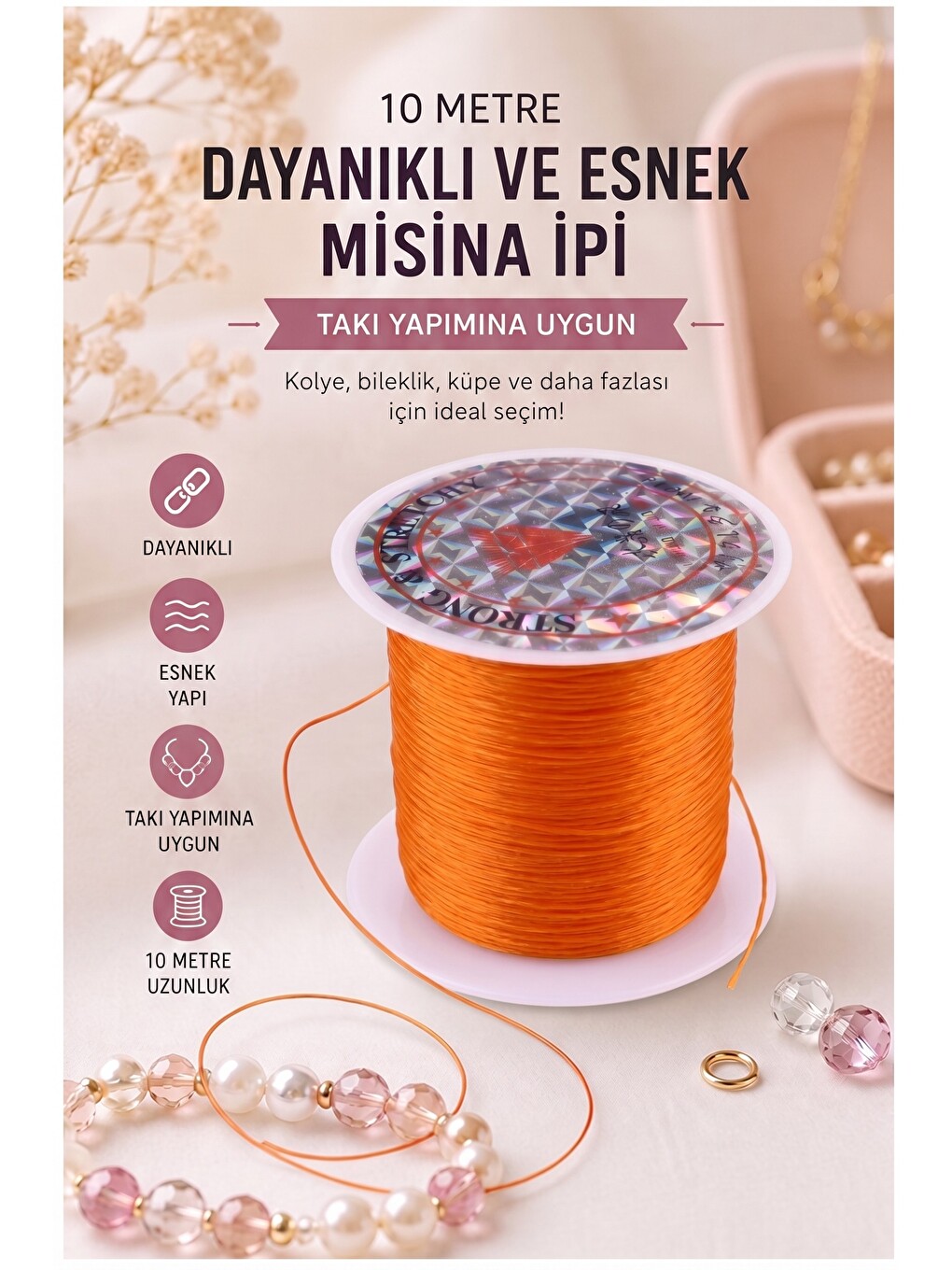 Misina İpi 0.5mm 10 Metre 1 Adet Esnek Boncuk Takı Dizme İpi Elastik İp Bileklik Aksesuar Lastiği Yu
