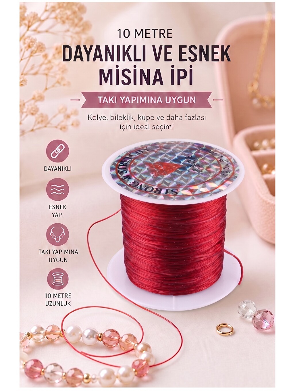 Misina İpi 0.5mm 10 Metre 1 Adet Esnek Boncuk Takı Dizme İpi Elastik İp Bileklik Aksesuar Lastiği Yu