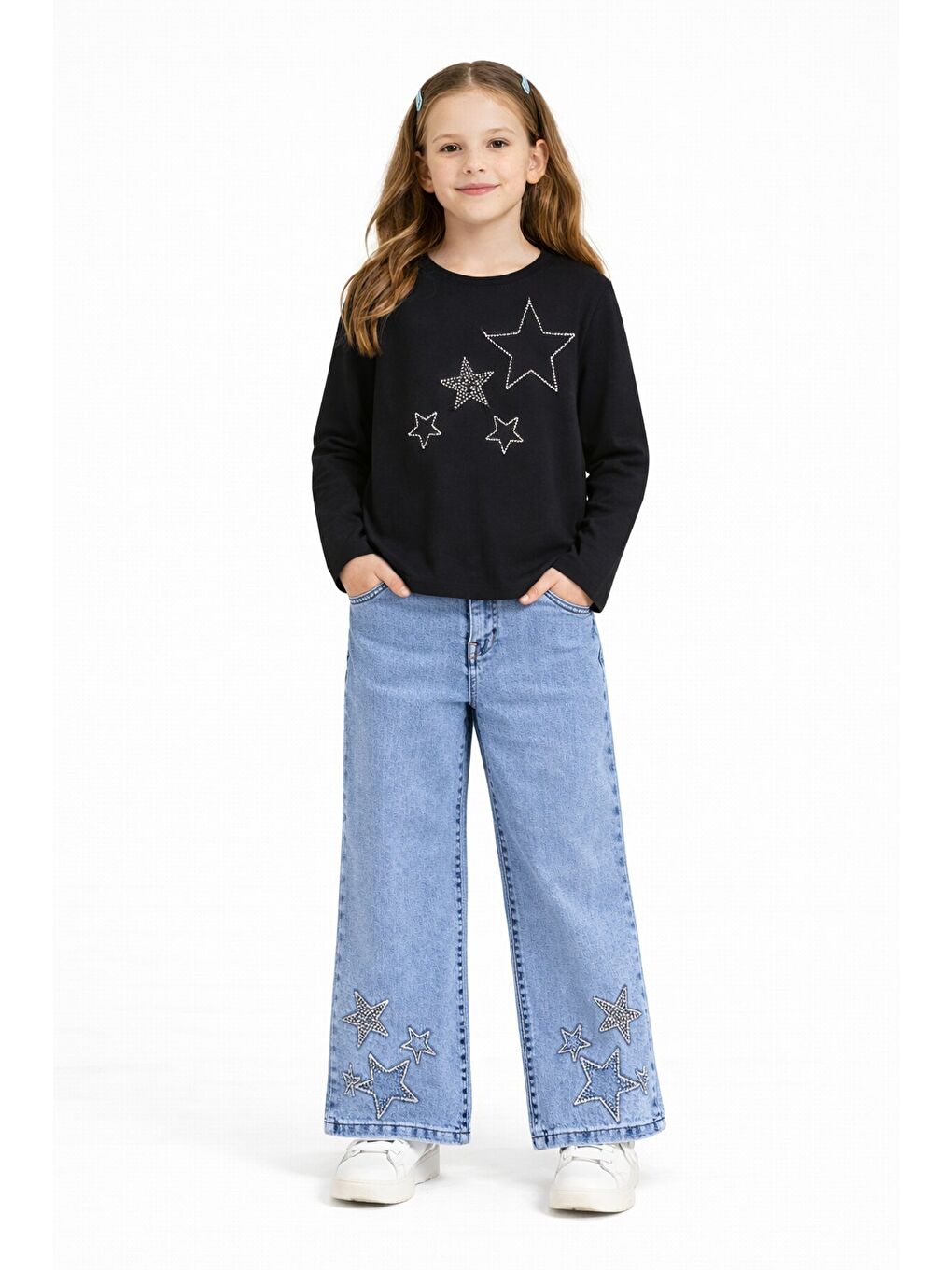 Siyah Yıldız İşlemeli Badili Jean Pantolonlu Kız Çocuk 2li Takım 23741-1