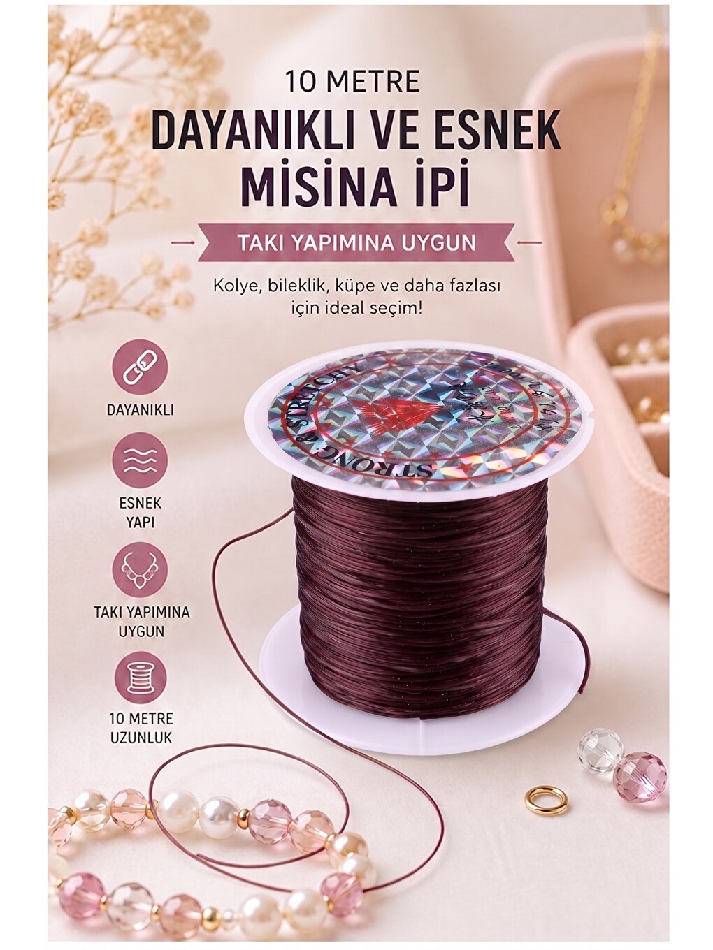 Misina İpi 0.5mm 10 Metre 1 Adet Esnek Boncuk Takı Dizme İpi Elastik İp Bileklik Aksesuar Lastiği Yu