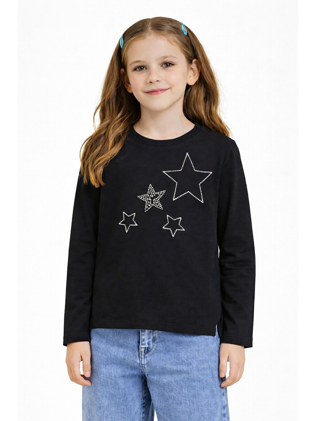 Siyah Yıldız İşlemeli Badili Jean Pantolonlu Kız Çocuk 2li Takım 23741-2