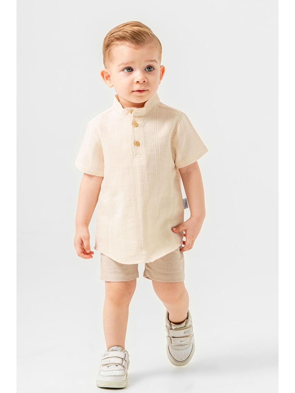 Ekru Tarz Gömlek Çizgi Desenli Belden Ayarlanabilir Kısa Kollu Şortlu 2'li Takım-1