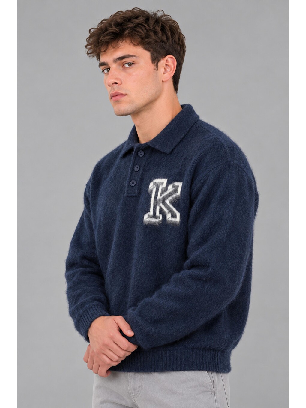 Lacivert Baskılı Düğmeli Oversize Kışlık Kazak Dp 16622_10068-2