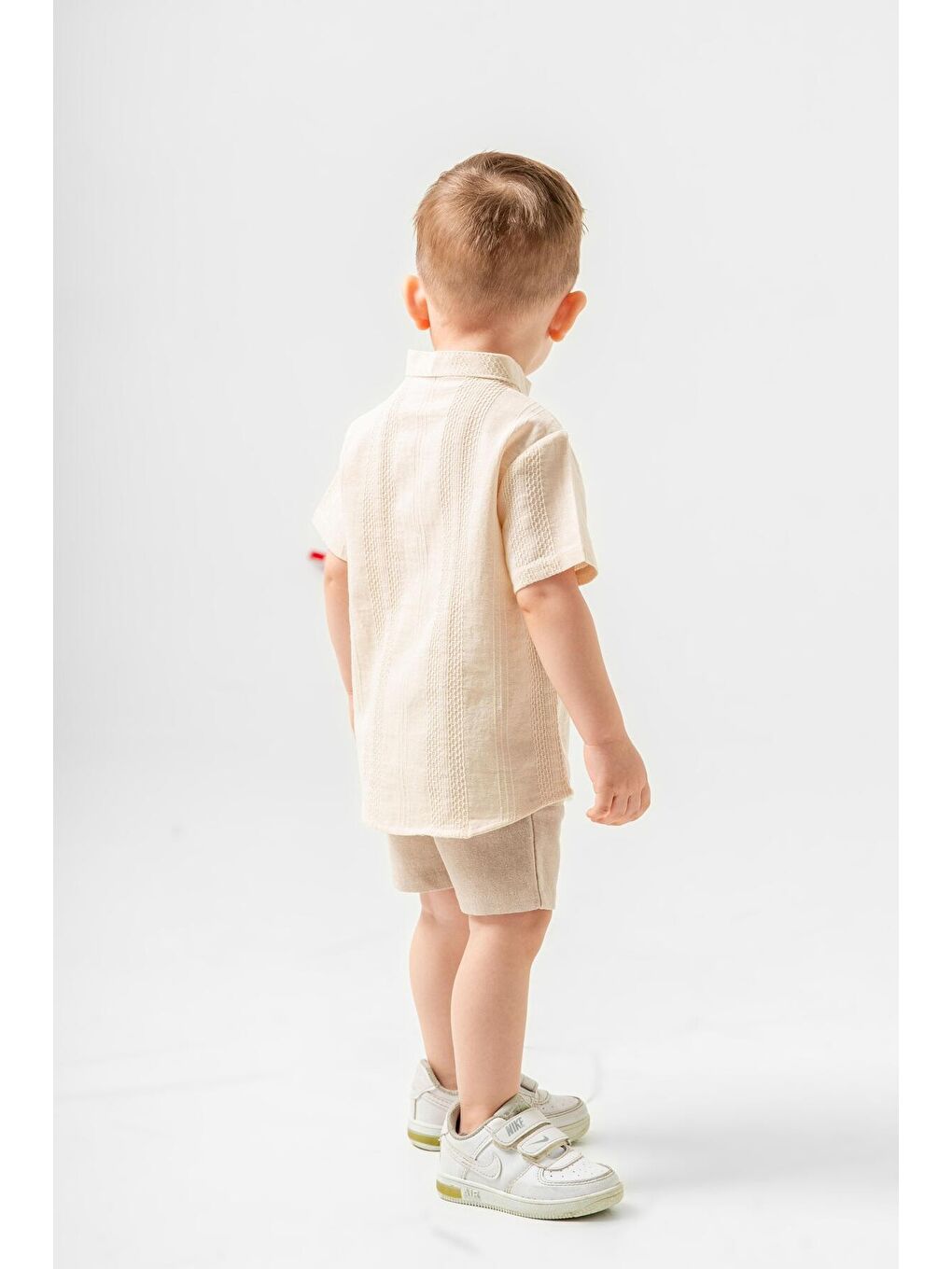 Ekru Tarz Gömlek Çizgi Desenli Belden Ayarlanabilir Kısa Kollu Şortlu 2'li Takım-2