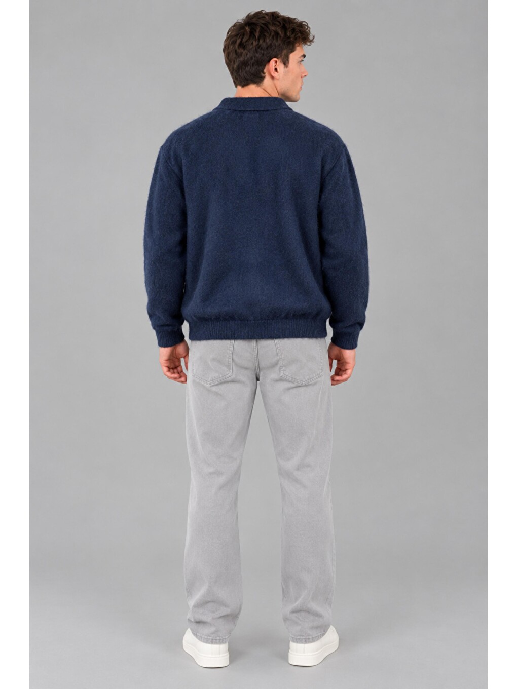 Lacivert Baskılı Düğmeli Oversize Kışlık Kazak Dp 16622_10068-4