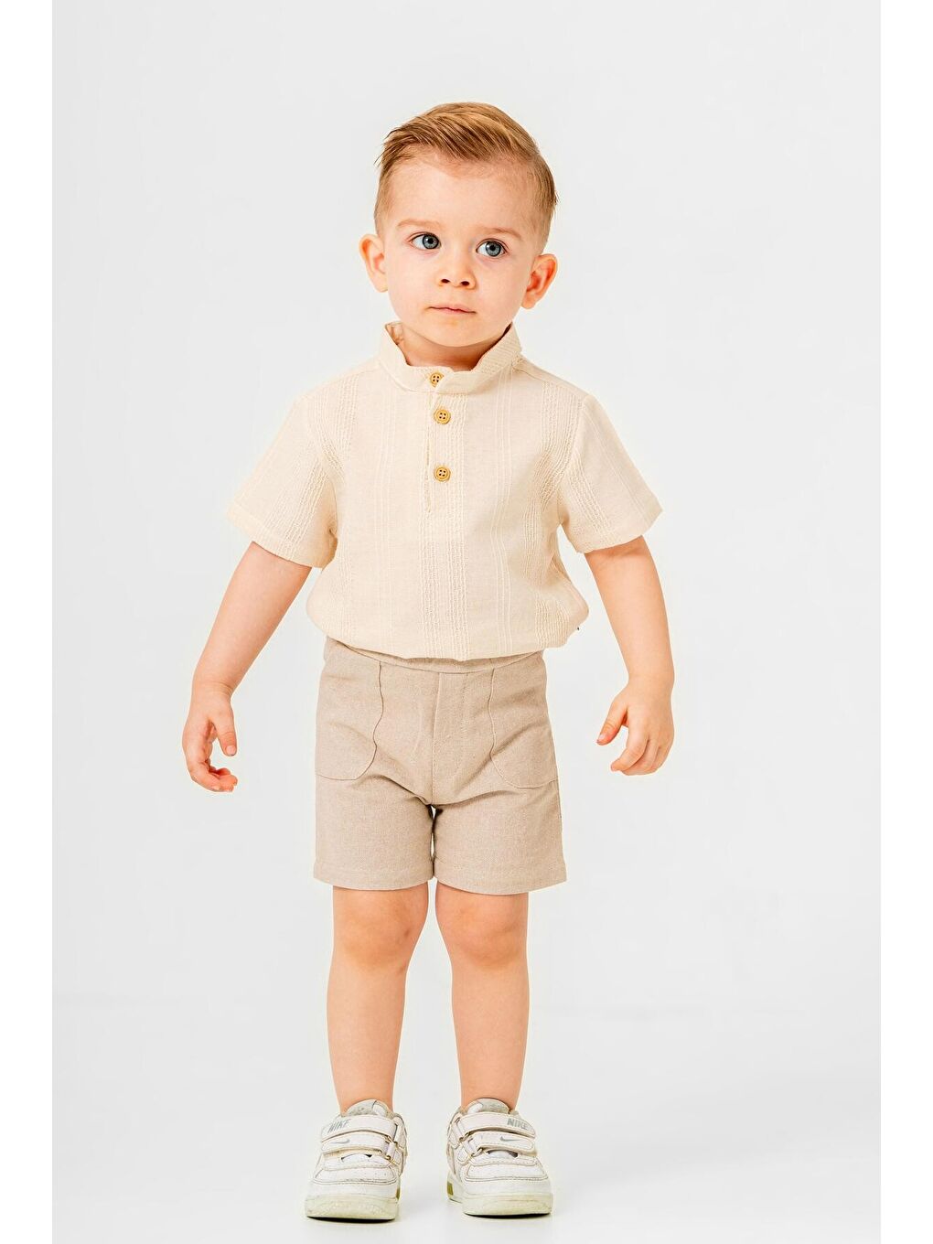 Ekru Tarz Gömlek Çizgi Desenli Belden Ayarlanabilir Kısa Kollu Şortlu 2'li Takım-3