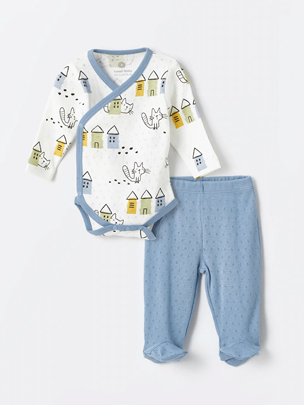 LUGGİ BABY İndigo V Yaka Baskılı Erkek Bebek Pijama Takımı