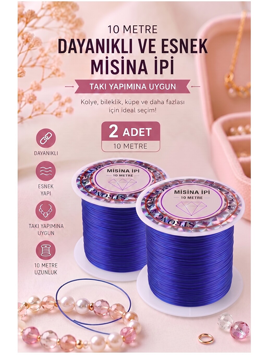 Mavi Misina İpi 0.5mm 10 Metre 2 Adet Esnek Boncuk Takı Dizme İpi Elastik İp Bileklik Aksesuar Lasti