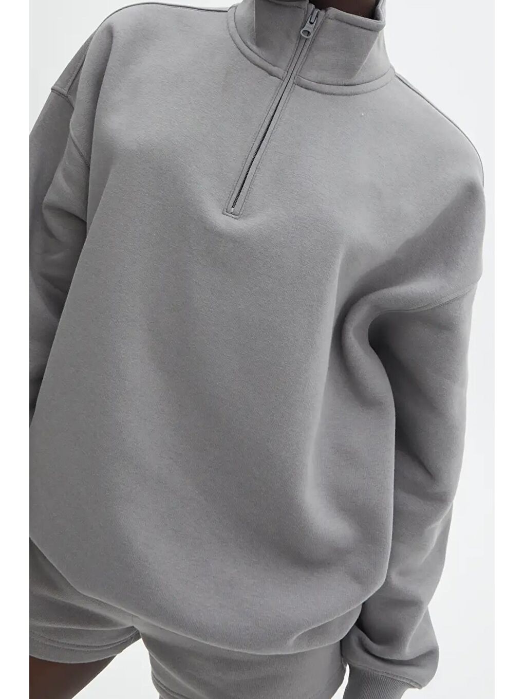 Boyalı Gri Fermuar Detaylı Oversize Sweatshirt Mg1933-5