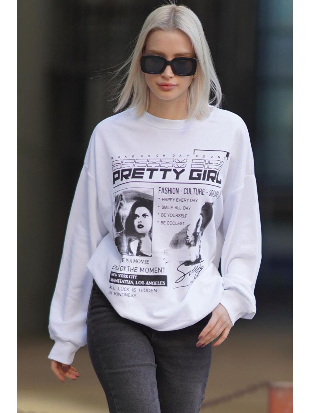 Beyaz Baskılı Oversize Kadın Sweatshirt Mg1923