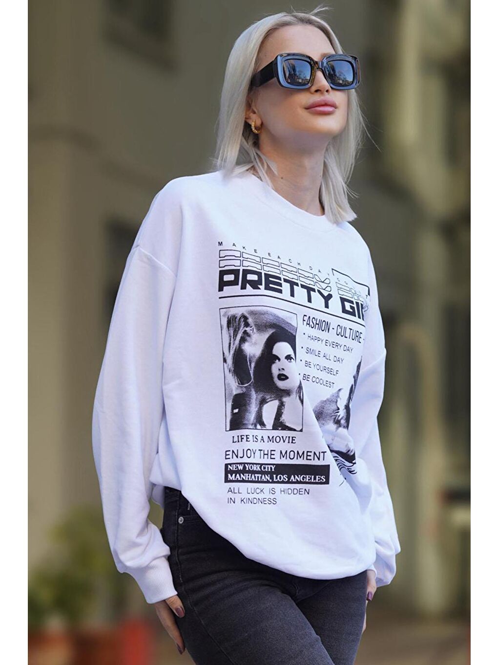 Beyaz Baskılı Oversize Kadın Sweatshirt Mg1923-1
