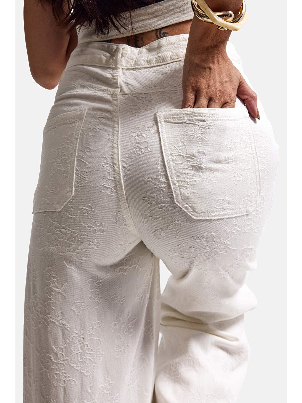 Kadın Beyaz Palazzo Fit T16t Özel Desenli Kumaş Tasarım Denim Jean-1