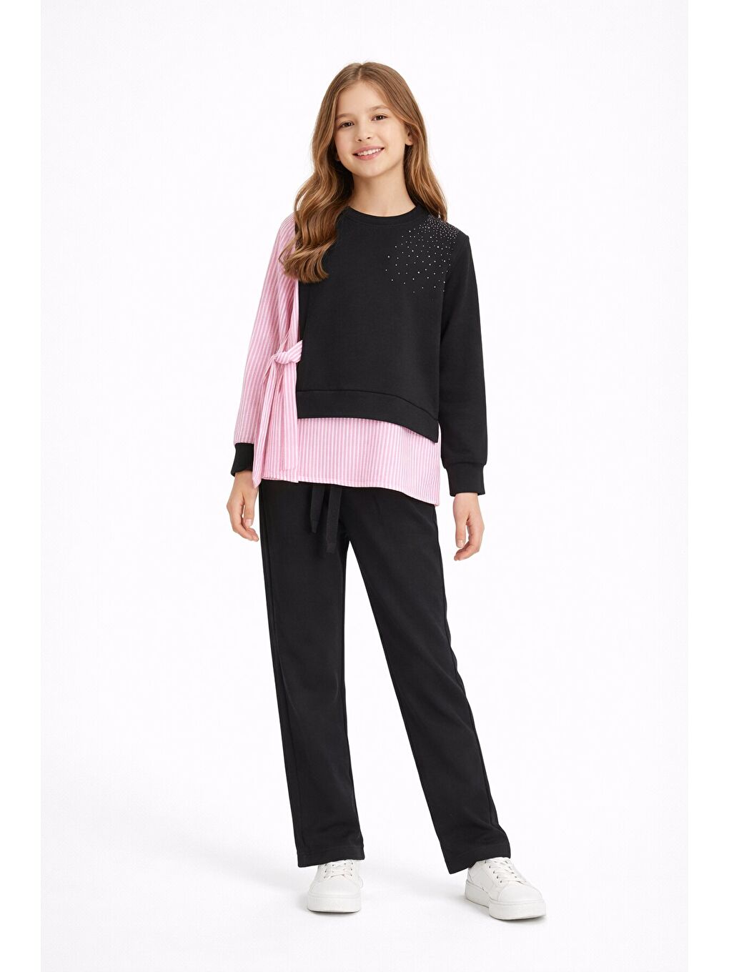 Siyah Çizgi Desenli Taş Detaylı Bluzlu Kız Çocuk Kuşaklı Pantolonlu 2li Takım 23746