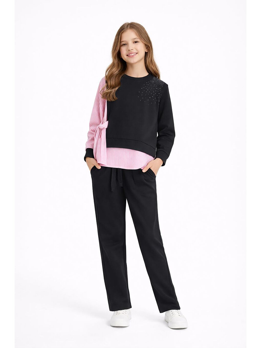 Siyah Çizgi Desenli Taş Detaylı Bluzlu Kız Çocuk Kuşaklı Pantolonlu 2li Takım 23746-1