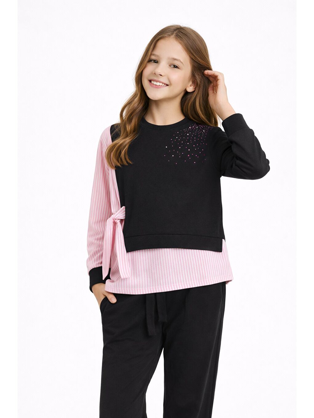 Siyah Çizgi Desenli Taş Detaylı Bluzlu Kız Çocuk Kuşaklı Pantolonlu 2li Takım 23746-2