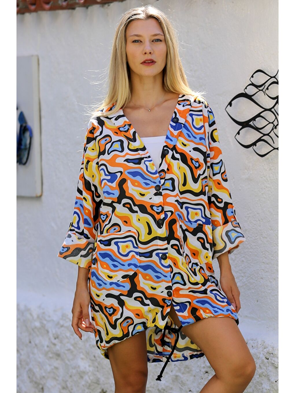 Turuncu Mavi Düğmeli Uzun Kollu Allover Baskılı Dokuma Oversize Casual Kapüşonlu Ceket-1