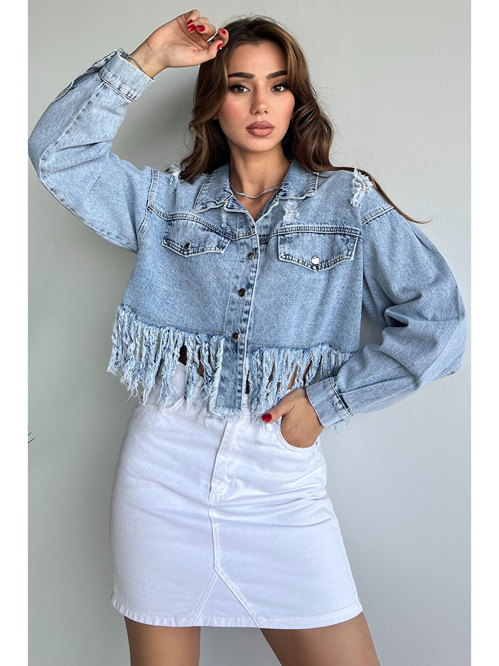 GÜLSELİ Bebek Mavisi Kadın Püskül Detaylı Crop Top Jean  Ceket