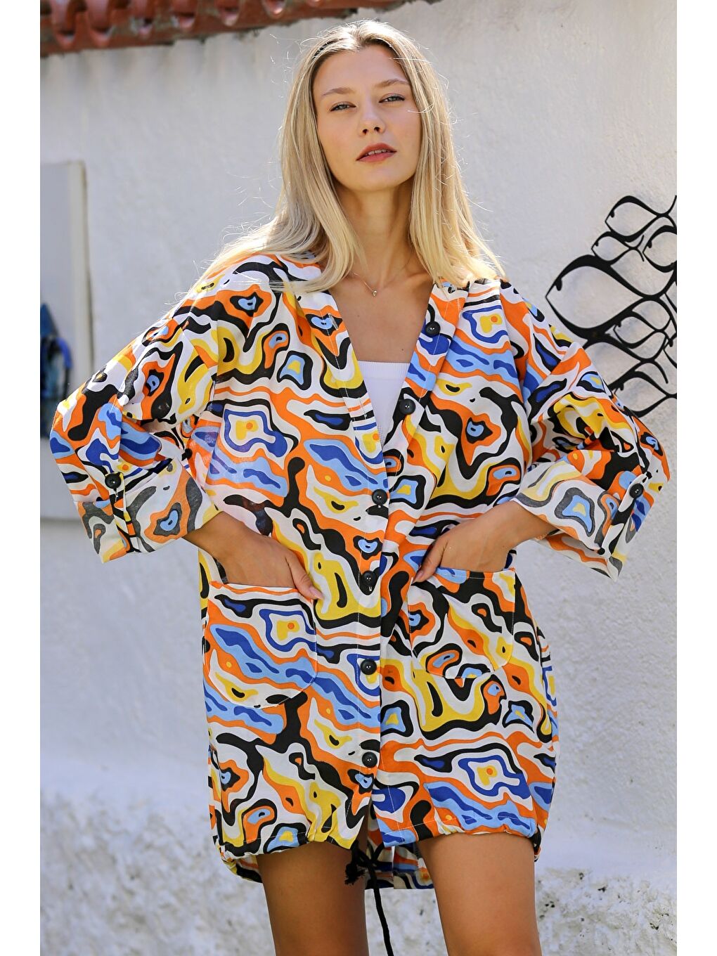 Turuncu Mavi Düğmeli Uzun Kollu Allover Baskılı Dokuma Oversize Casual Kapüşonlu Ceket-2