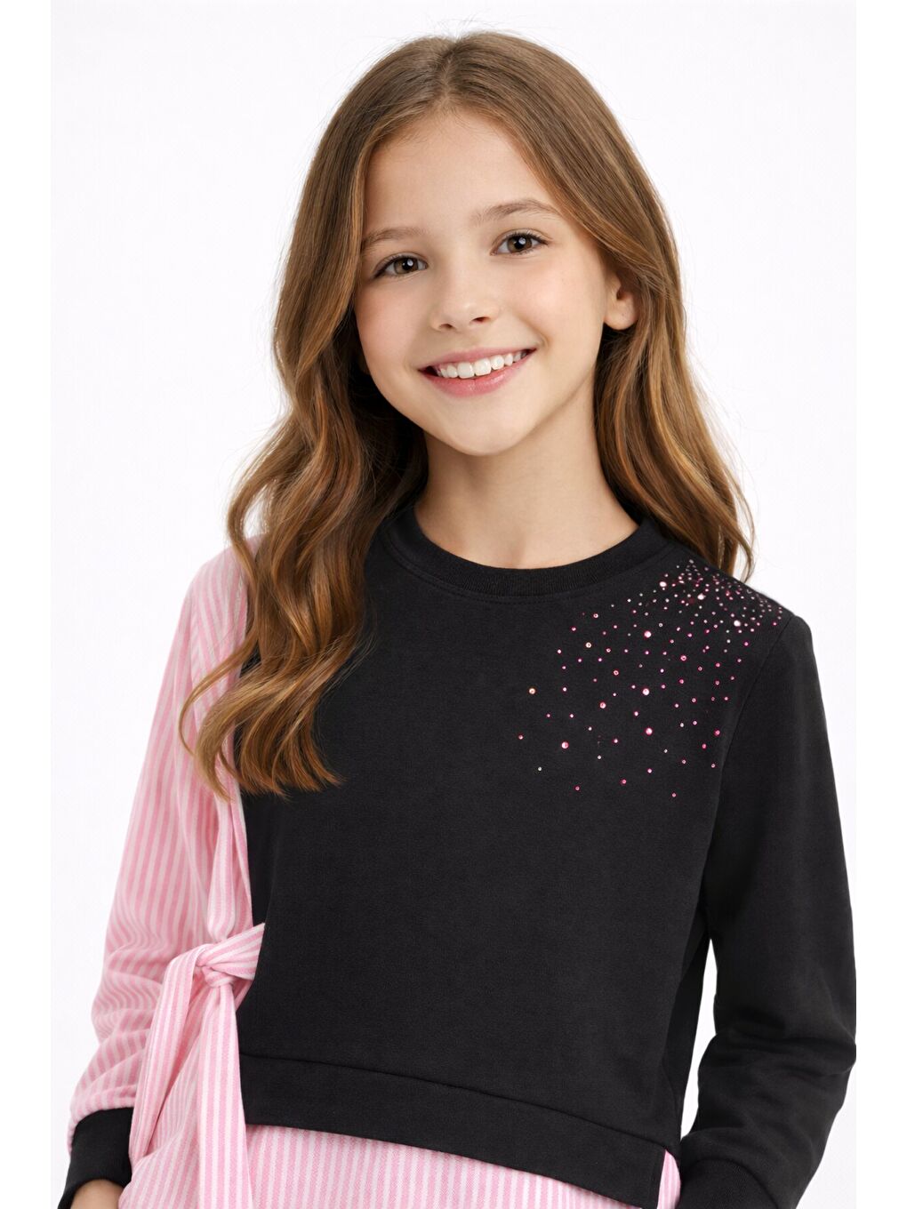 Siyah Çizgi Desenli Taş Detaylı Bluzlu Kız Çocuk Kuşaklı Pantolonlu 2li Takım 23746-3