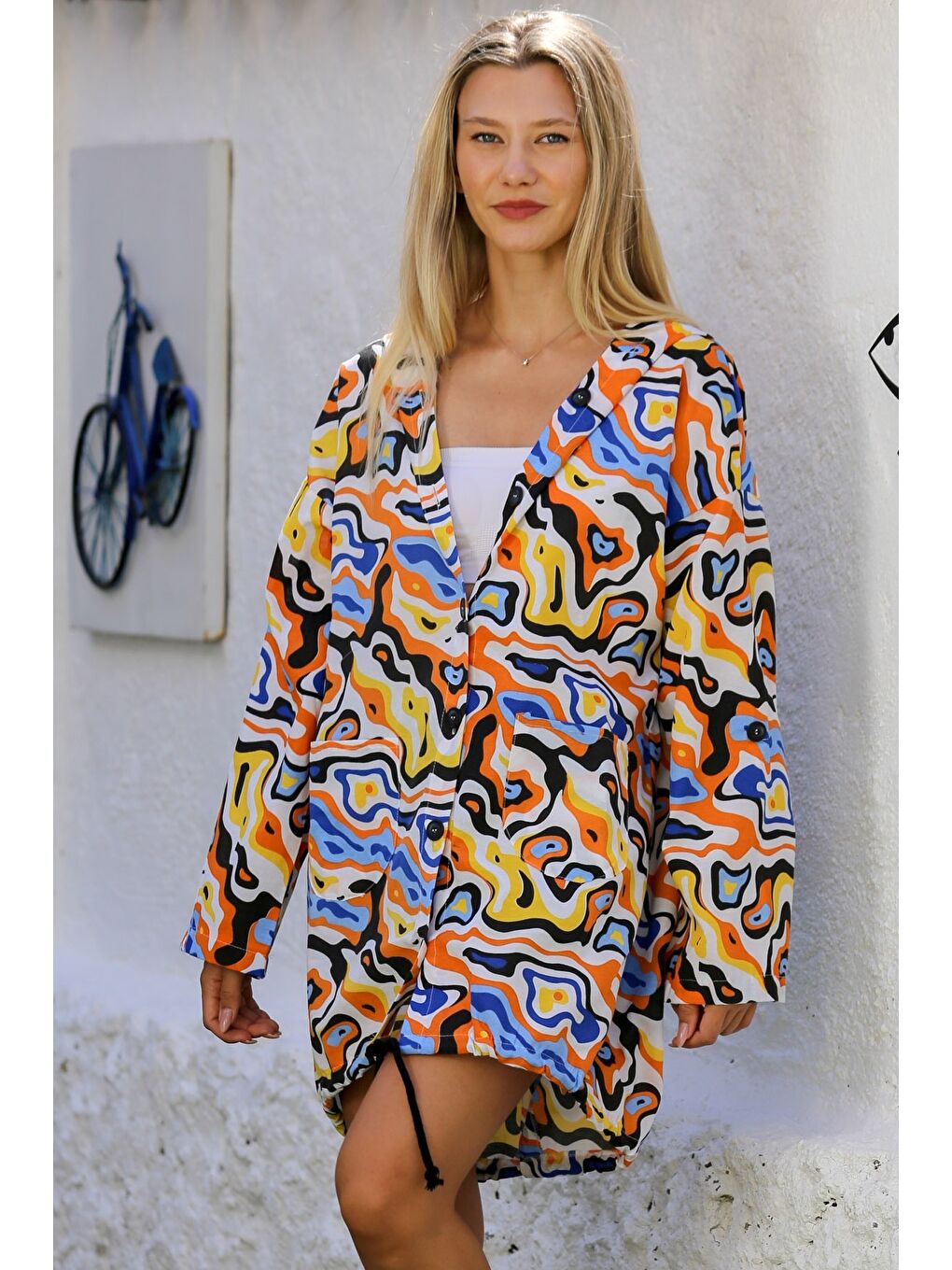 Turuncu Mavi Düğmeli Uzun Kollu Allover Baskılı Dokuma Oversize Casual Kapüşonlu Ceket-3