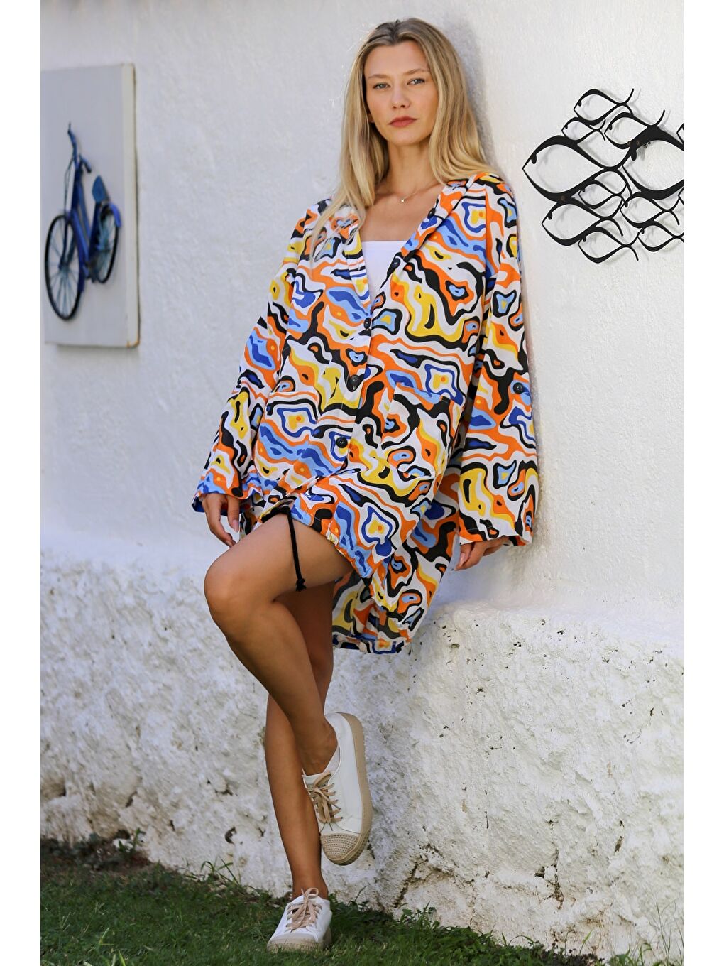 Turuncu Mavi Düğmeli Uzun Kollu Allover Baskılı Dokuma Oversize Casual Kapüşonlu Ceket-5