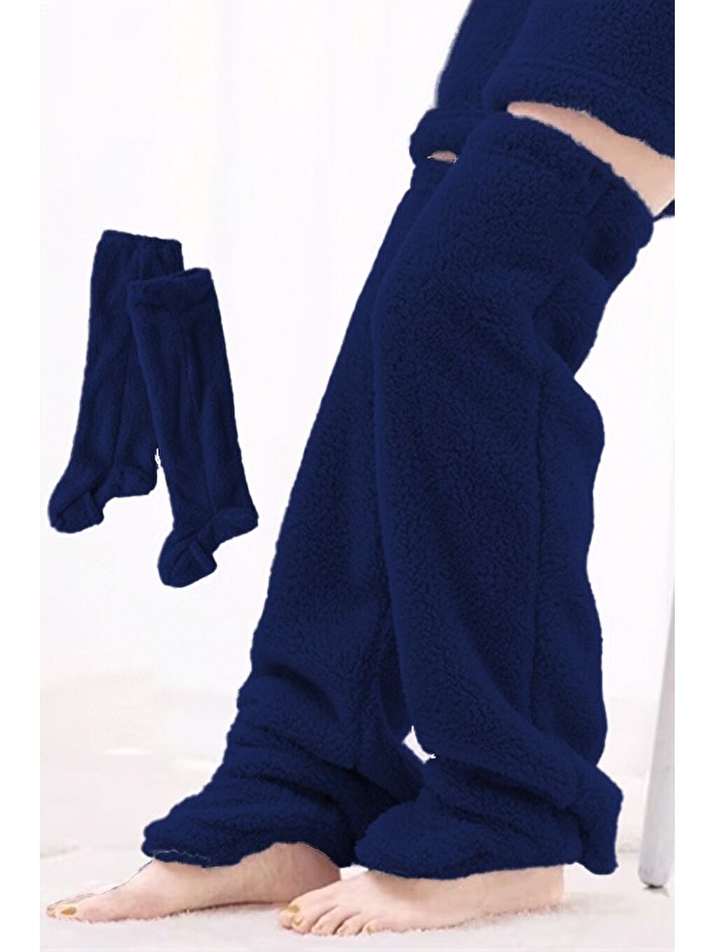 Lacivert Wellsoft Pelüş Diz Üstü Ev Çorabı Uzun Çorap-1