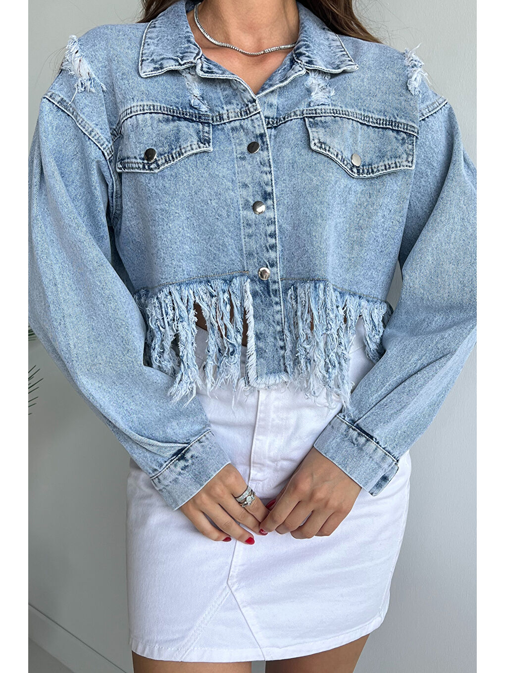 GÜLSELİ Bebek Mavisi Kadın Püskül Detaylı Crop Top Jean  Ceket - 1