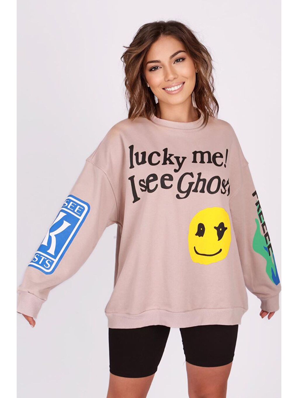 Bej Baskılı Oversize Sweatshirt Mg1206-5