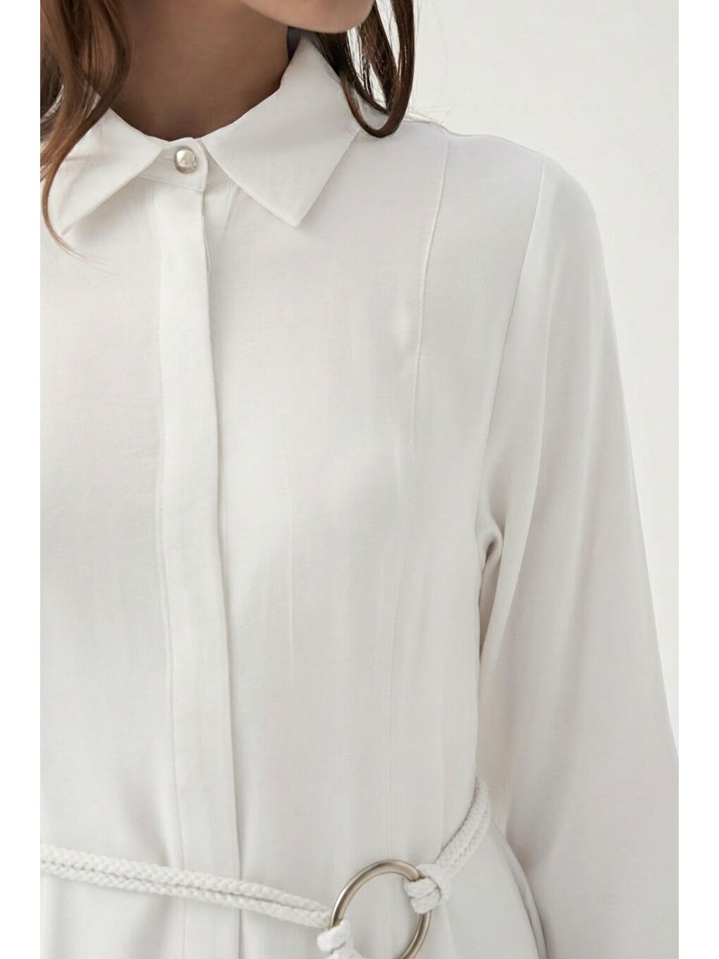 Beyaz-Kemer Detaylı Elbise-3