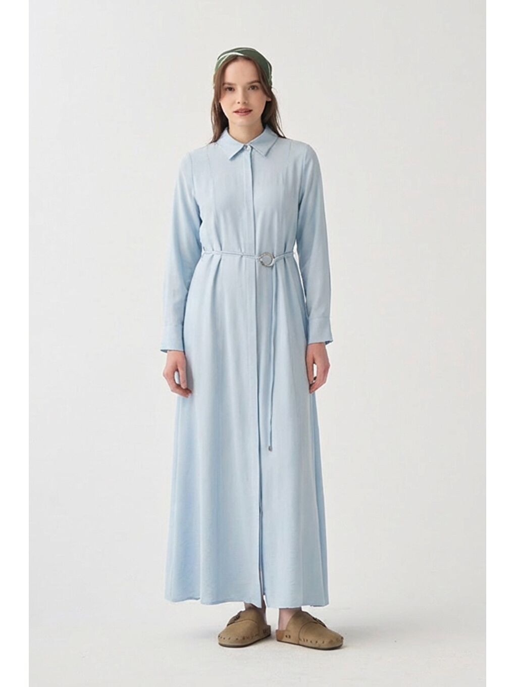 Mavi-Kemer Detaylı Elbise