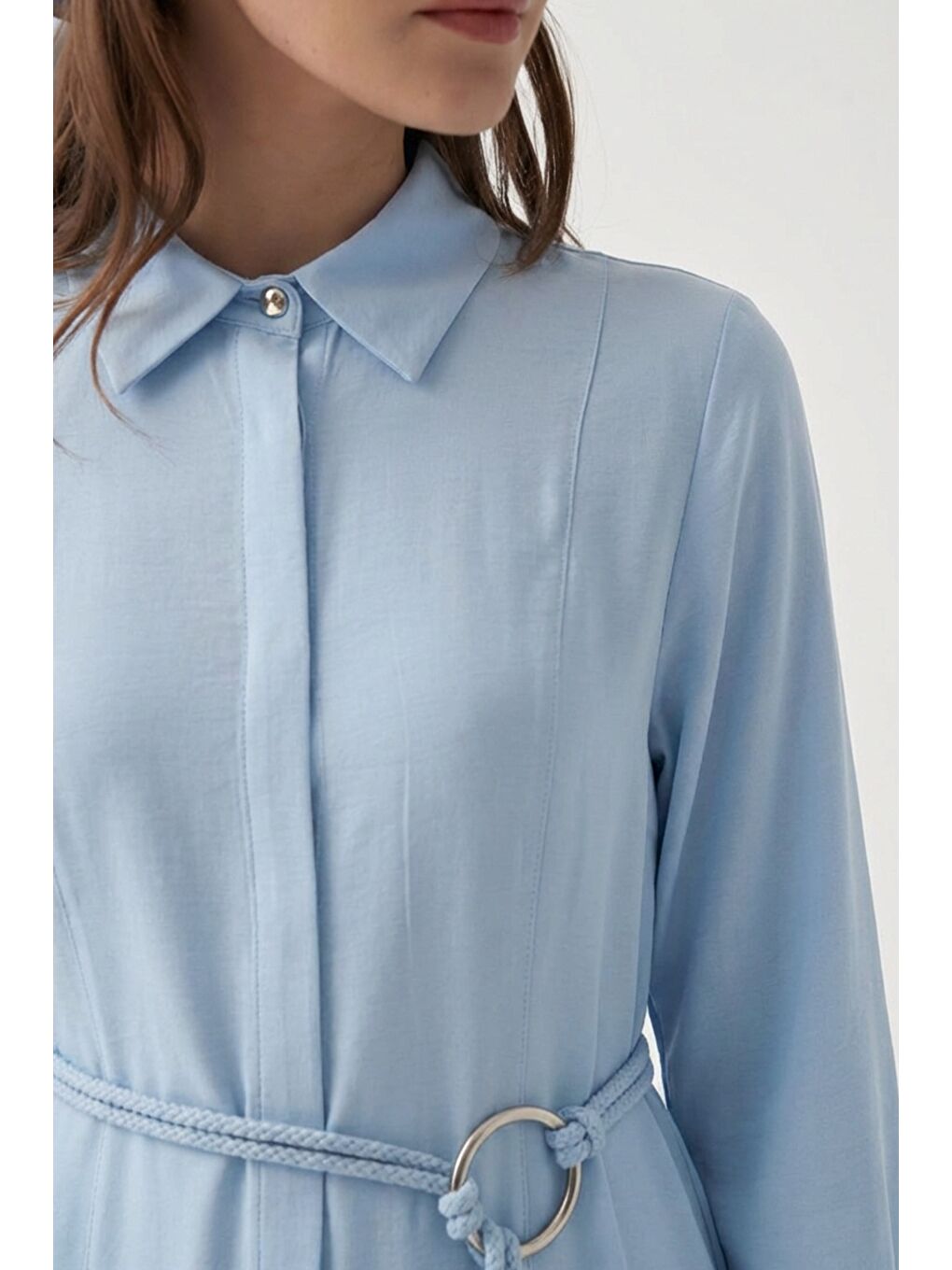 Mavi-Kemer Detaylı Elbise-3