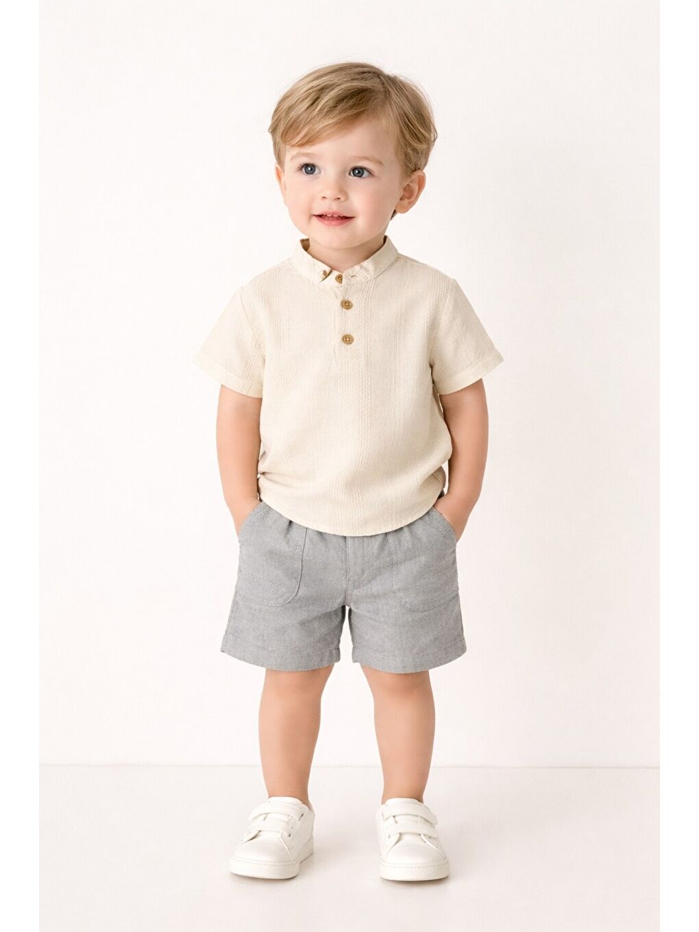 Gri Tarz Gömlek Çizgi Desenli Belden Ayarlanabilir Kısa Kollu Şortlu 2'li Takım