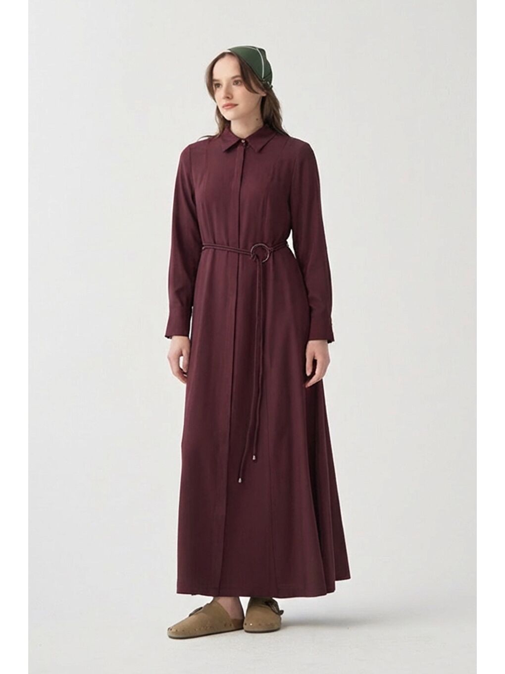 Mürdüm-Kemer Detaylı Elbise-1