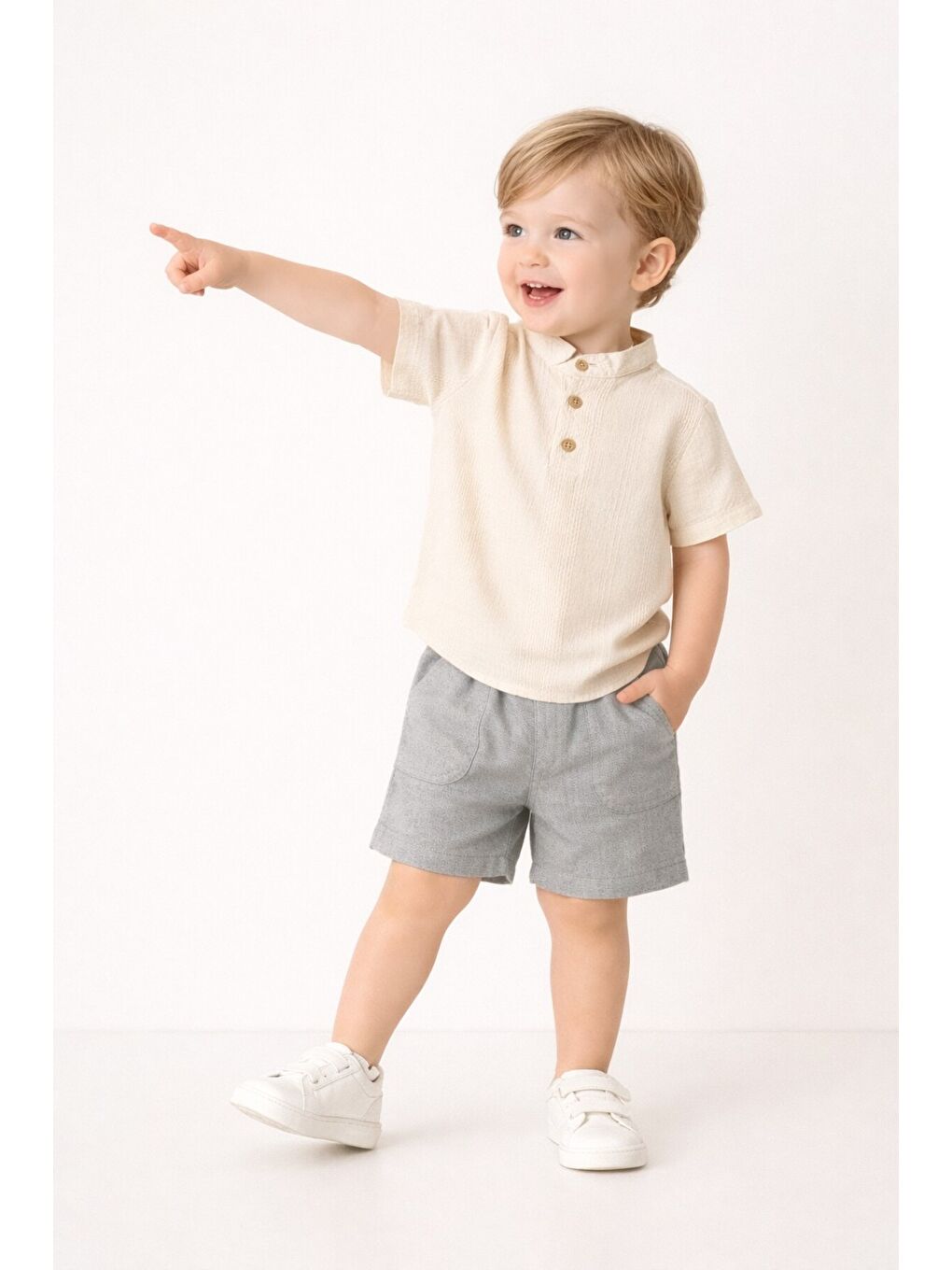 Gri Tarz Gömlek Çizgi Desenli Belden Ayarlanabilir Kısa Kollu Şortlu 2'li Takım-1