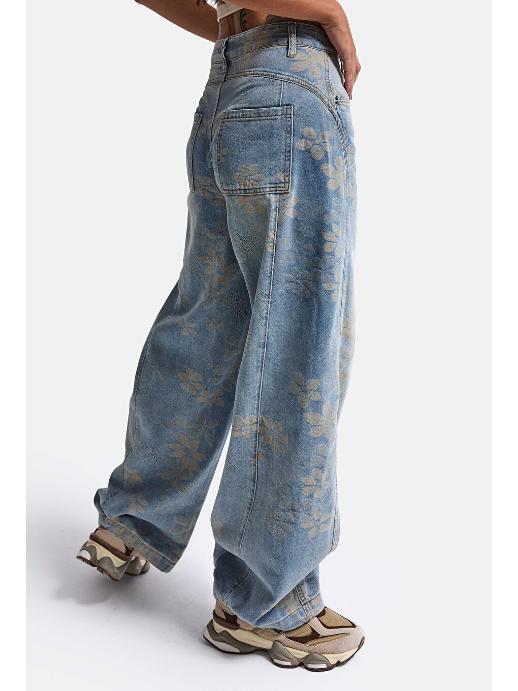 Kadın Mavi Baggy Fit T11t Özel Desenli Kumaş Tasarım Denim Jean-1