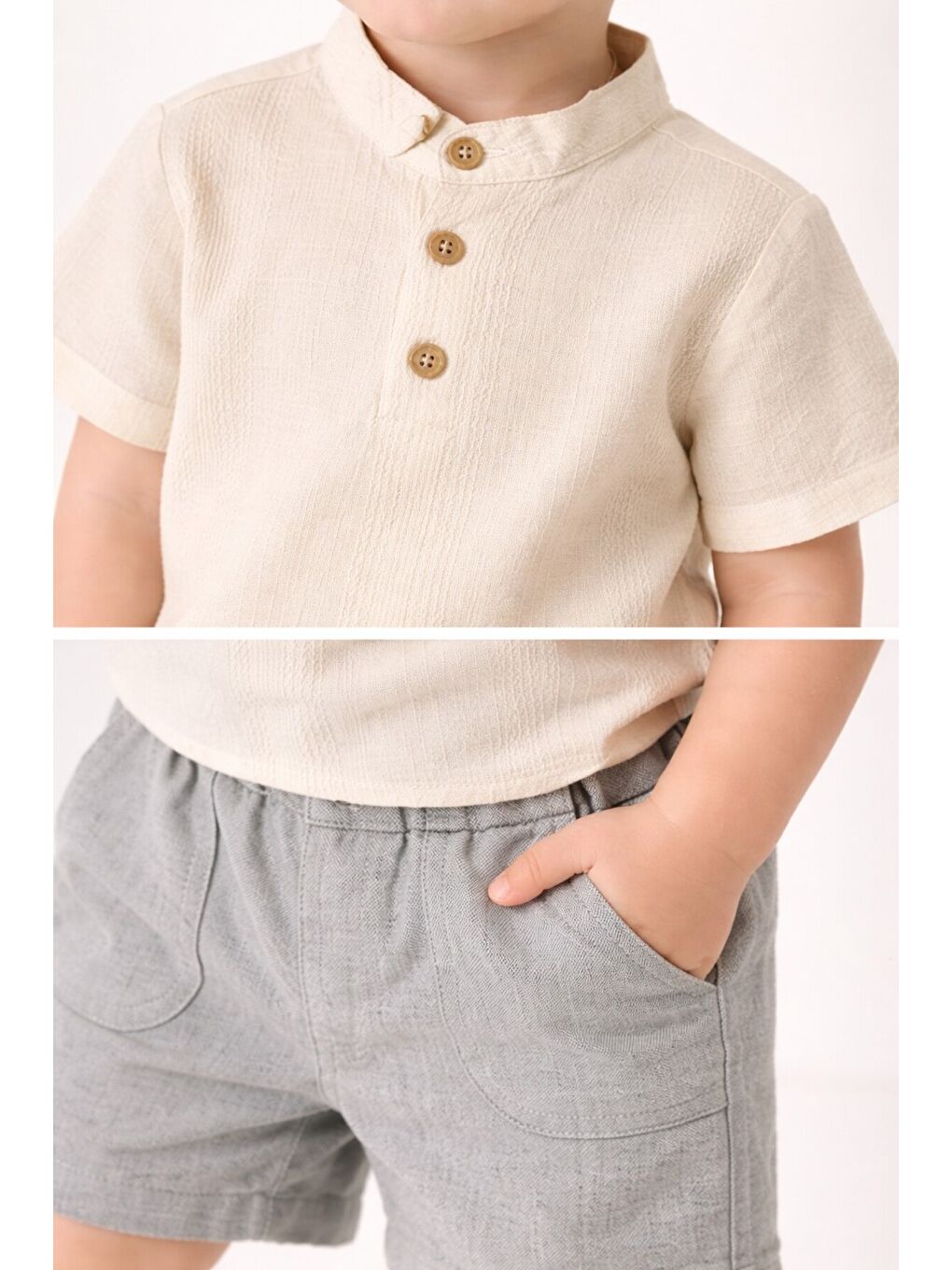 Gri Tarz Gömlek Çizgi Desenli Belden Ayarlanabilir Kısa Kollu Şortlu 2'li Takım-2