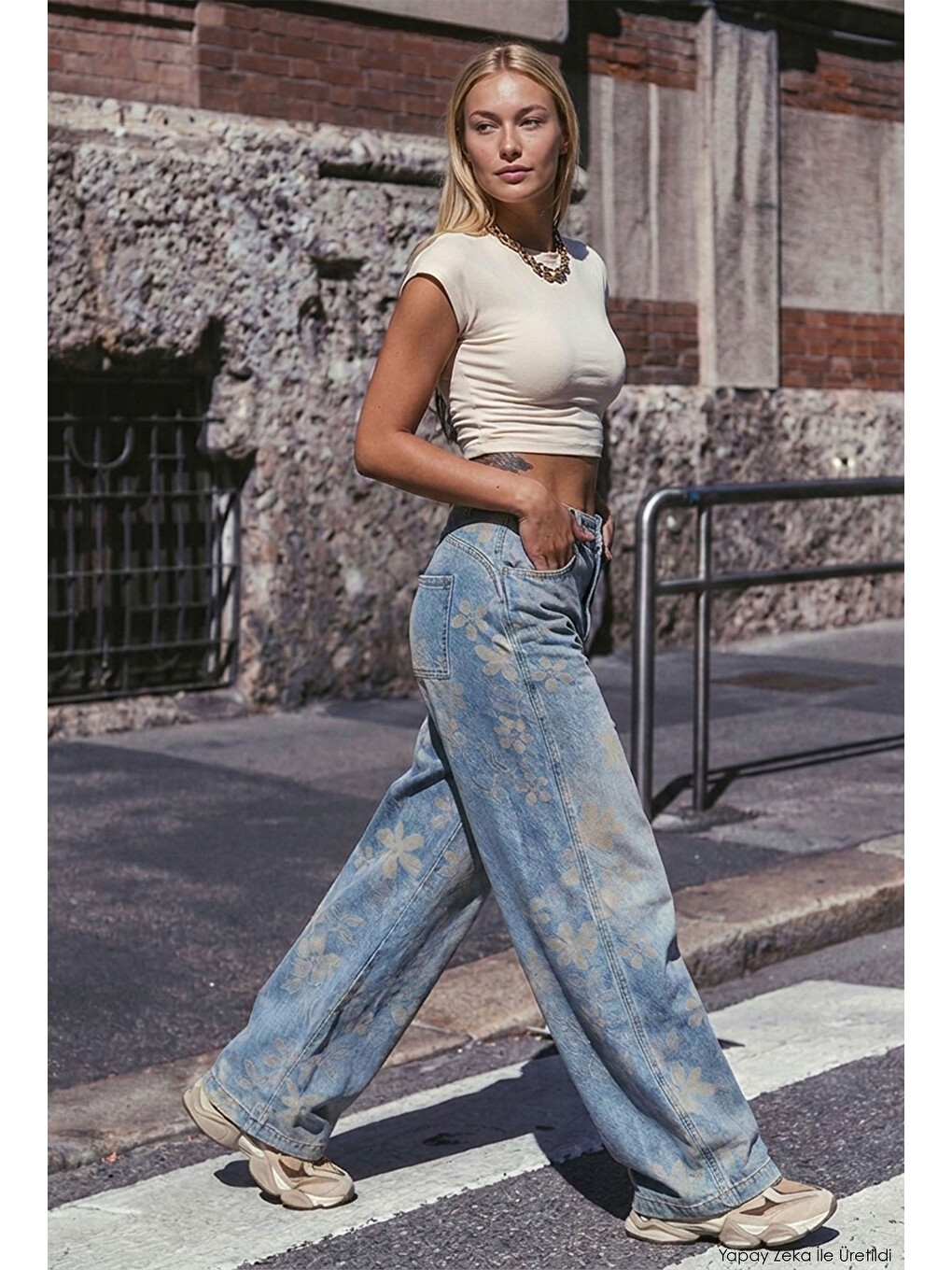 Kadın Mavi Baggy Fit T11t Özel Desenli Kumaş Tasarım Denim Jean-2