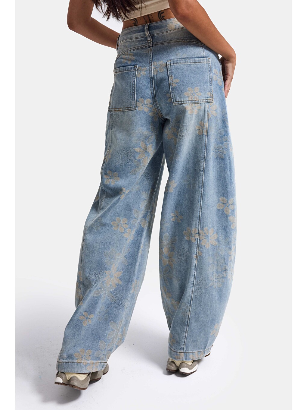 Kadın Mavi Baggy Fit T11t Özel Desenli Kumaş Tasarım Denim Jean-3