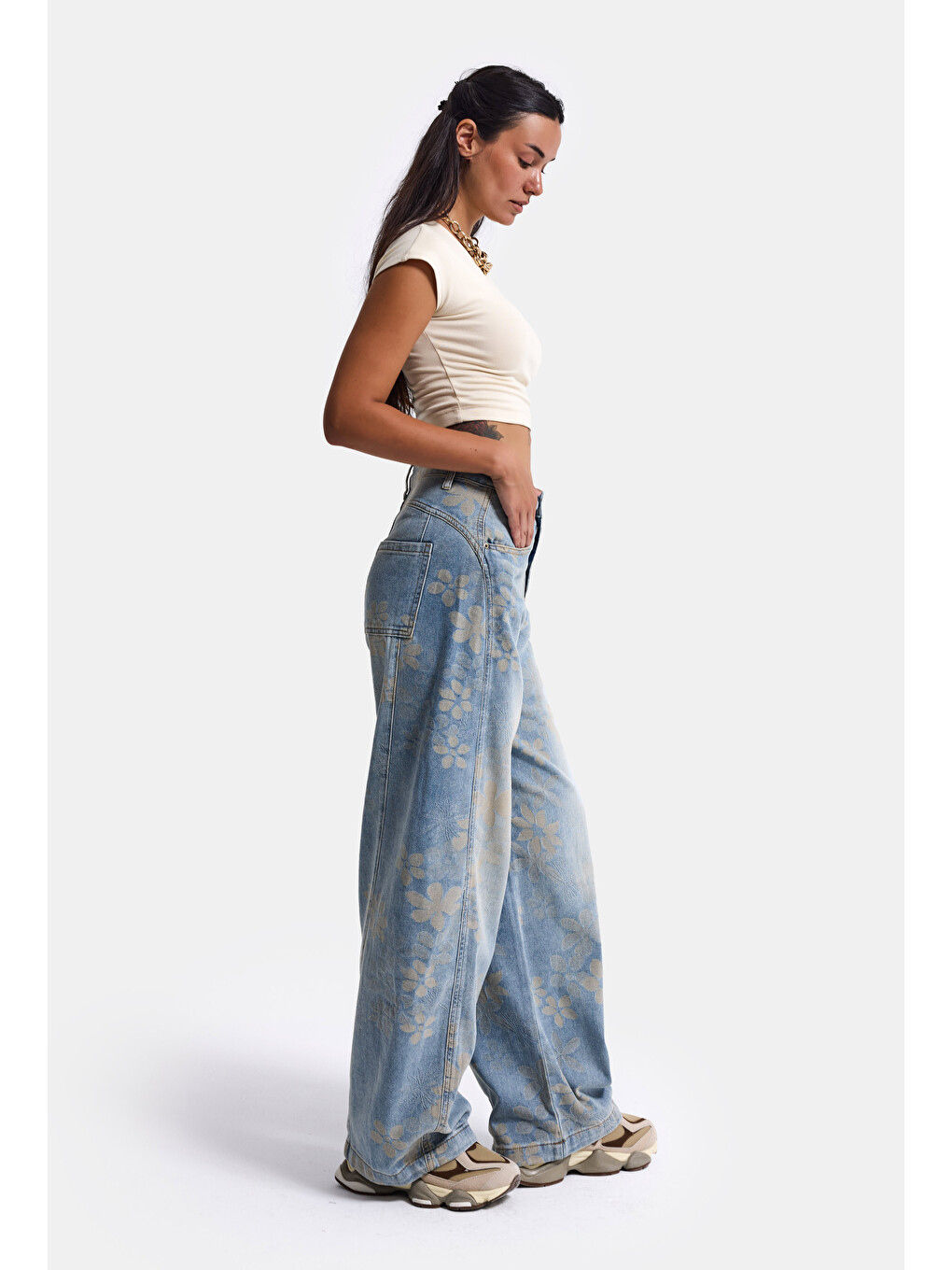 Kadın Mavi Baggy Fit T11t Özel Desenli Kumaş Tasarım Denim Jean-4