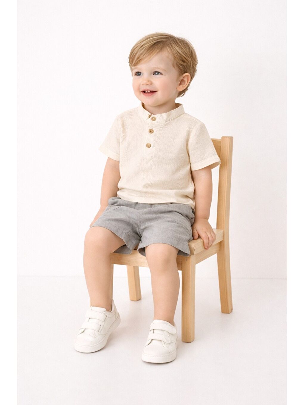 Gri Tarz Gömlek Çizgi Desenli Belden Ayarlanabilir Kısa Kollu Şortlu 2'li Takım-3