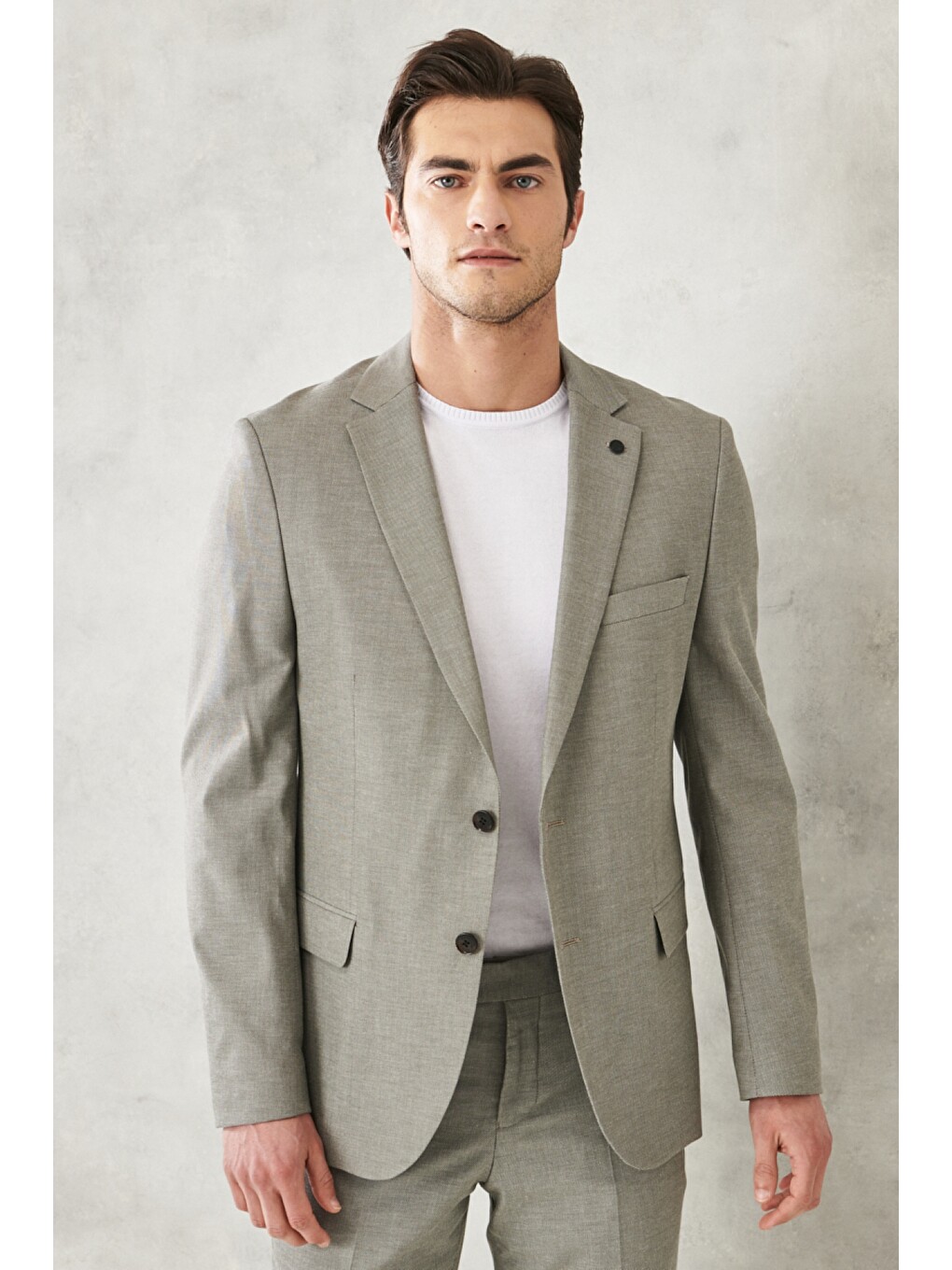 Erkek Haki Slim Fit Dar Kesim Mono Yaka Armürlü Klasik Takım Elbise