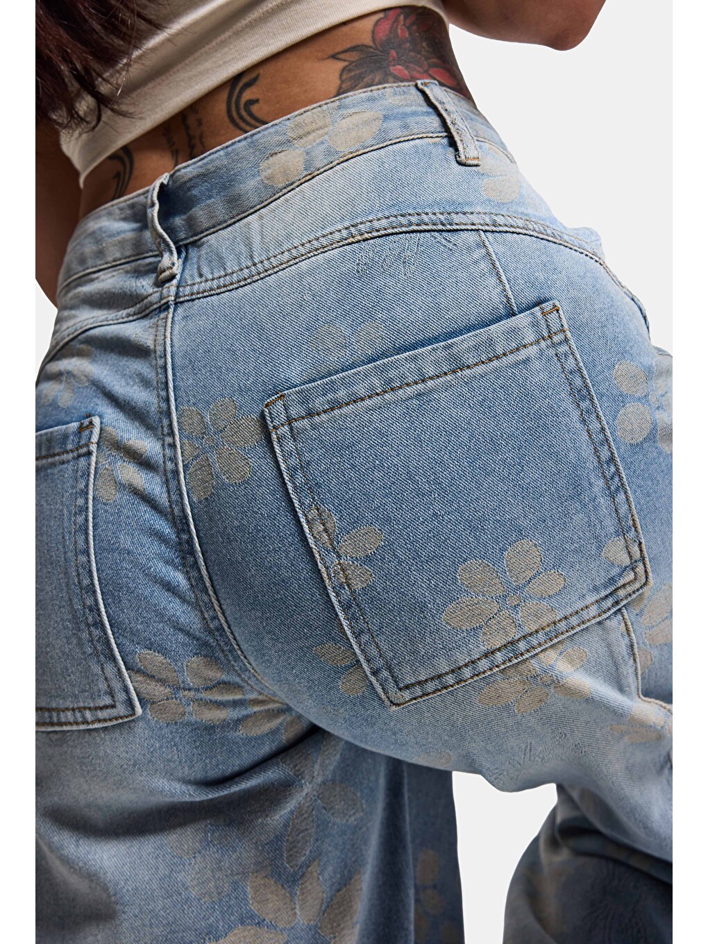 Kadın Mavi Baggy Fit T11t Özel Desenli Kumaş Tasarım Denim Jean-6