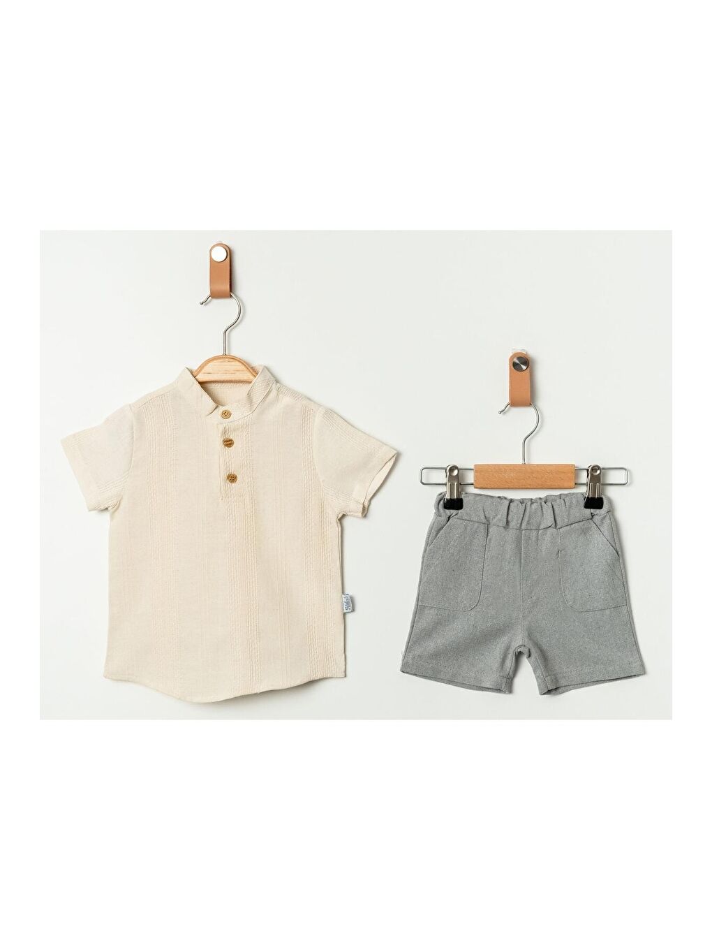 Gri Tarz Gömlek Çizgi Desenli Belden Ayarlanabilir Kısa Kollu Şortlu 2'li Takım-4