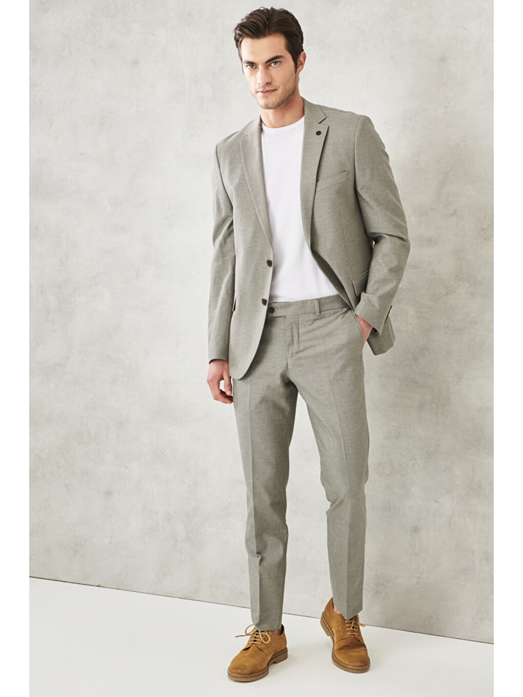 Erkek Haki Slim Fit Dar Kesim Mono Yaka Armürlü Klasik Takım Elbise-1